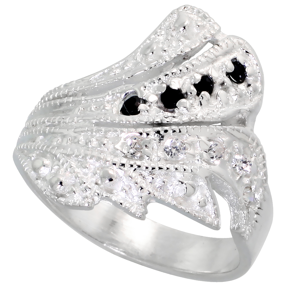 STERLING SILVER BLACK AND WHITE CZ FREEFORM RING WOMEN FLAWLESS FINISH SIZES 6 - 10 3/4 INCH WIDE