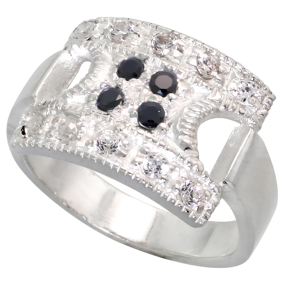 STERLING SILVER BLACK AND WHITE CZ SQUARE RING WOMEN FLAWLESS FINISH SIZES 6 - 10 1/2 INCH WIDE
