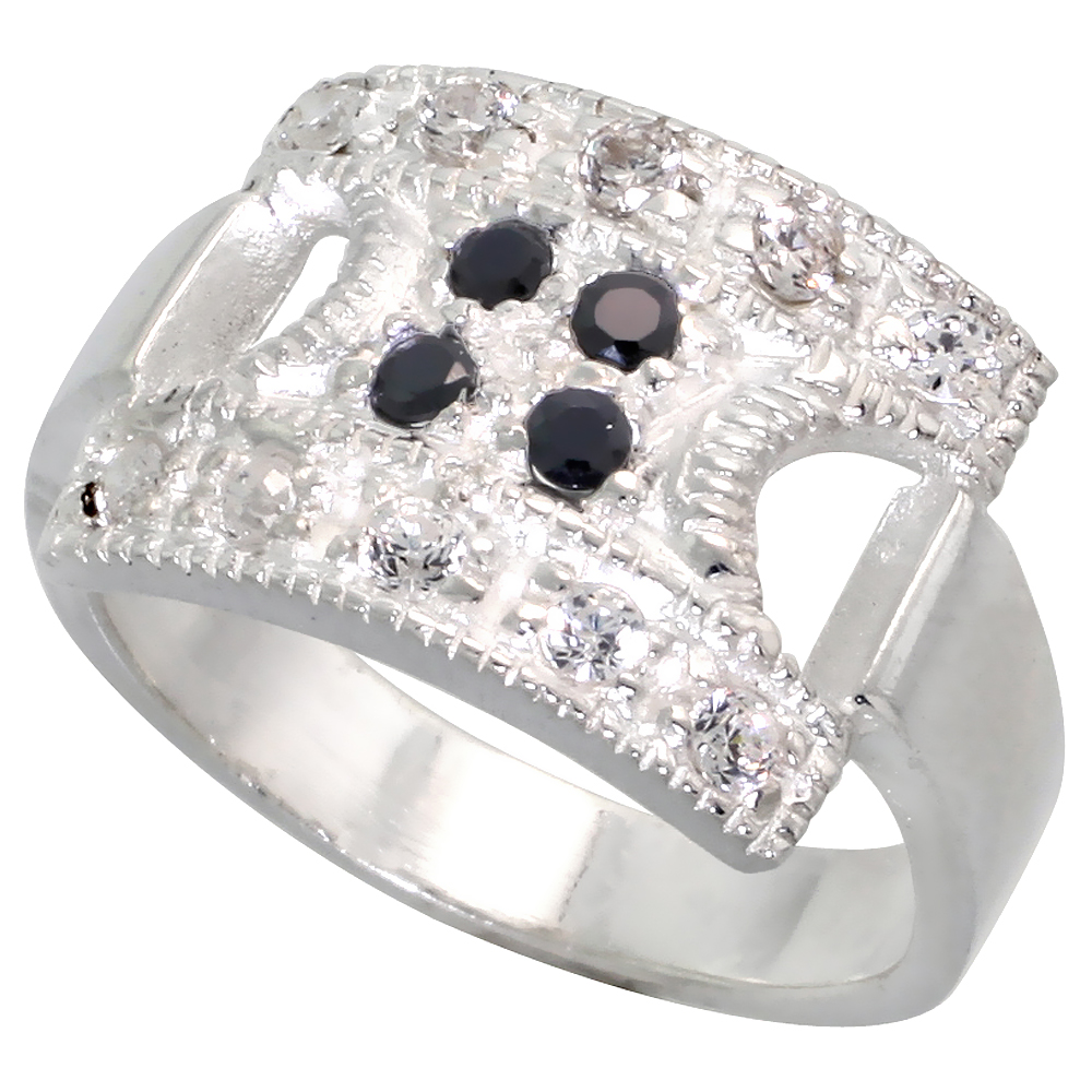 Sterling Silver Cubic Zirconia Square Ring, Black &amp; White sizes 6 - 10, 1/2 inch wide