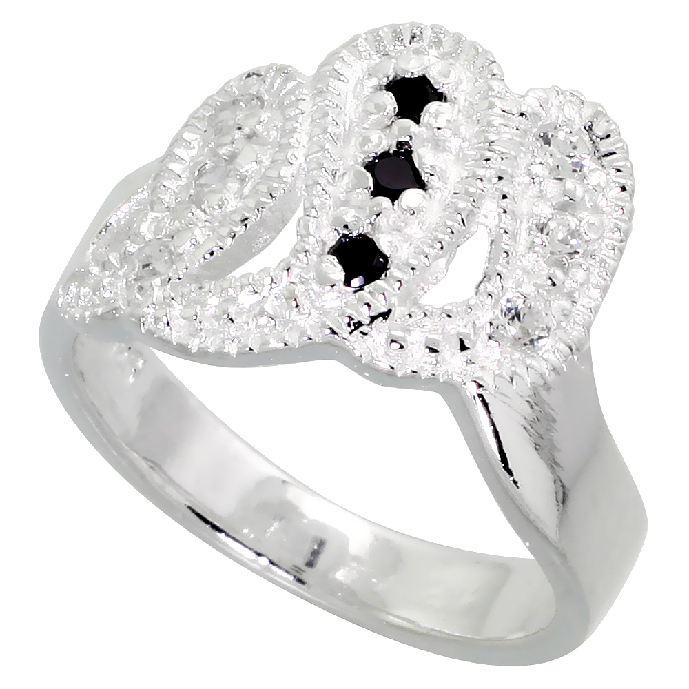 Sterling Silver Cubic Zirconia Freeform Ring, Black & White sizes 6 - 10, 1/2 inch wide