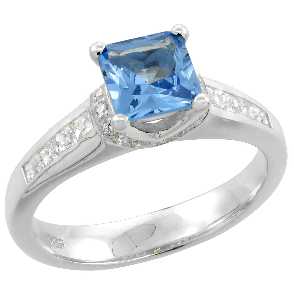 Sterling Silver Cubic Zirconia Blue Topaz Princess Cut Ring 1/4 inch wide, sizes 6 - 9