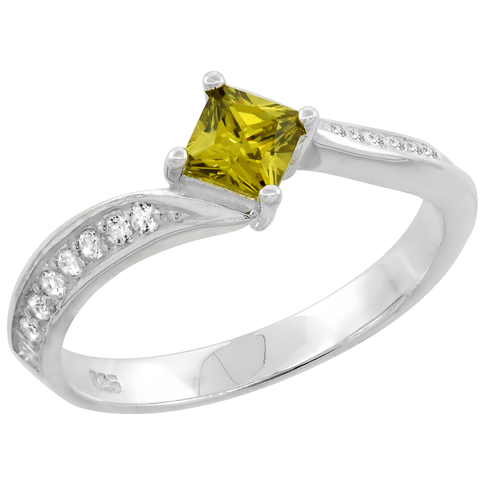 Sterling Silver Cubic Zirconia Square Peridot Bypass Setting Ring 1/4 inch wide, sizes 6 - 9
