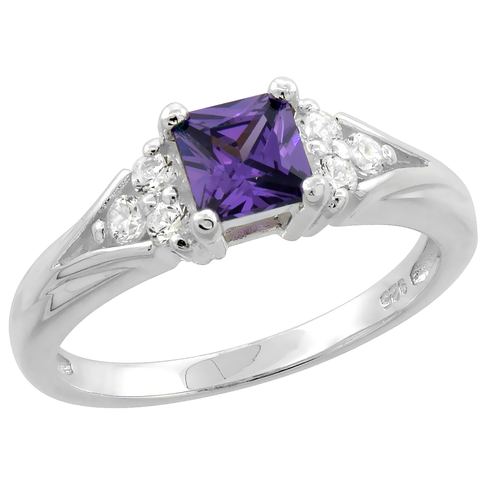 Sterling Silver Cubic Zirconia Princess Cut Amethyst Ring 1/4 inch wide, sizes 6 - 9