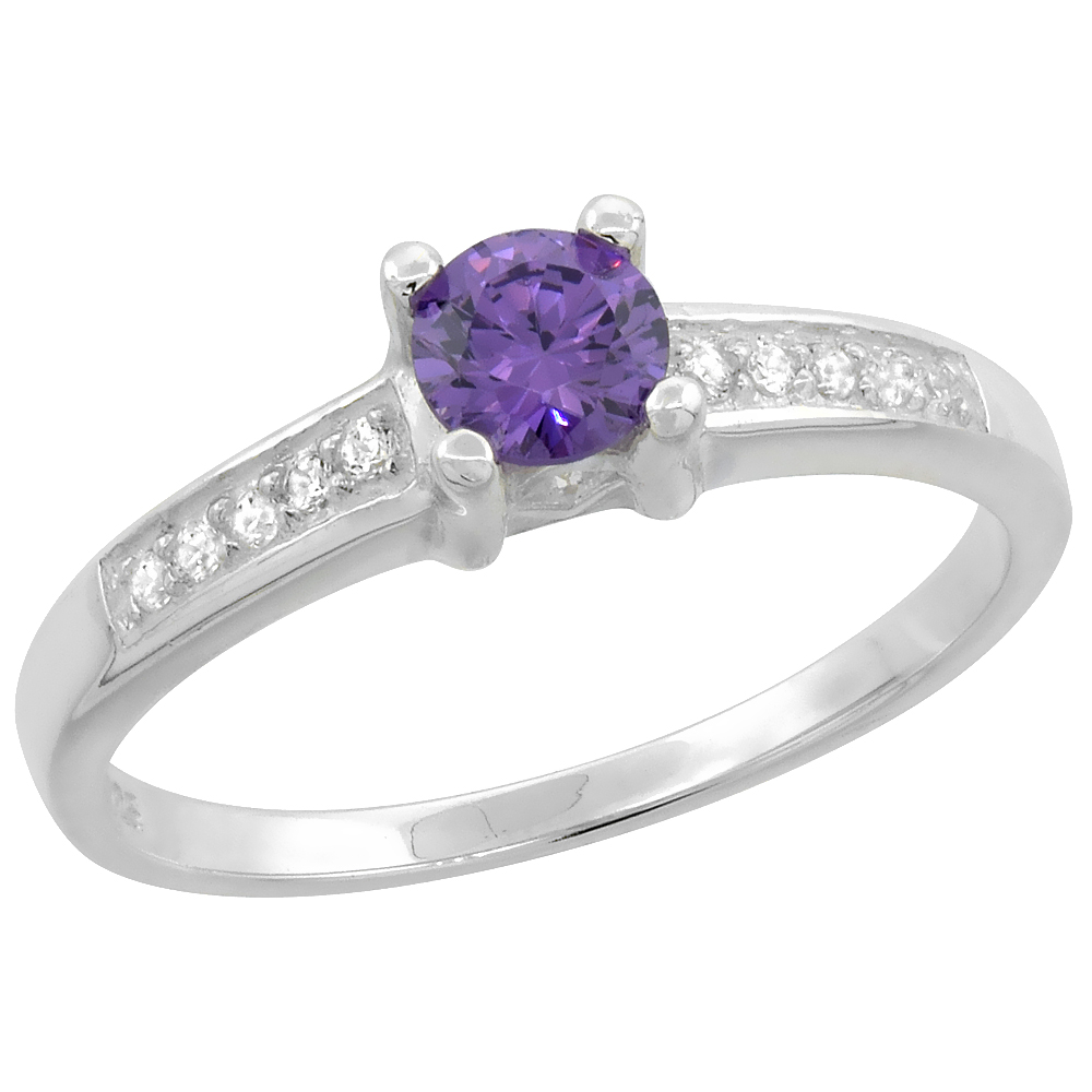 Sterling Silver Cubic Zirconia Amethyst Ring 3/16 inch wide, sizes 6 - 9