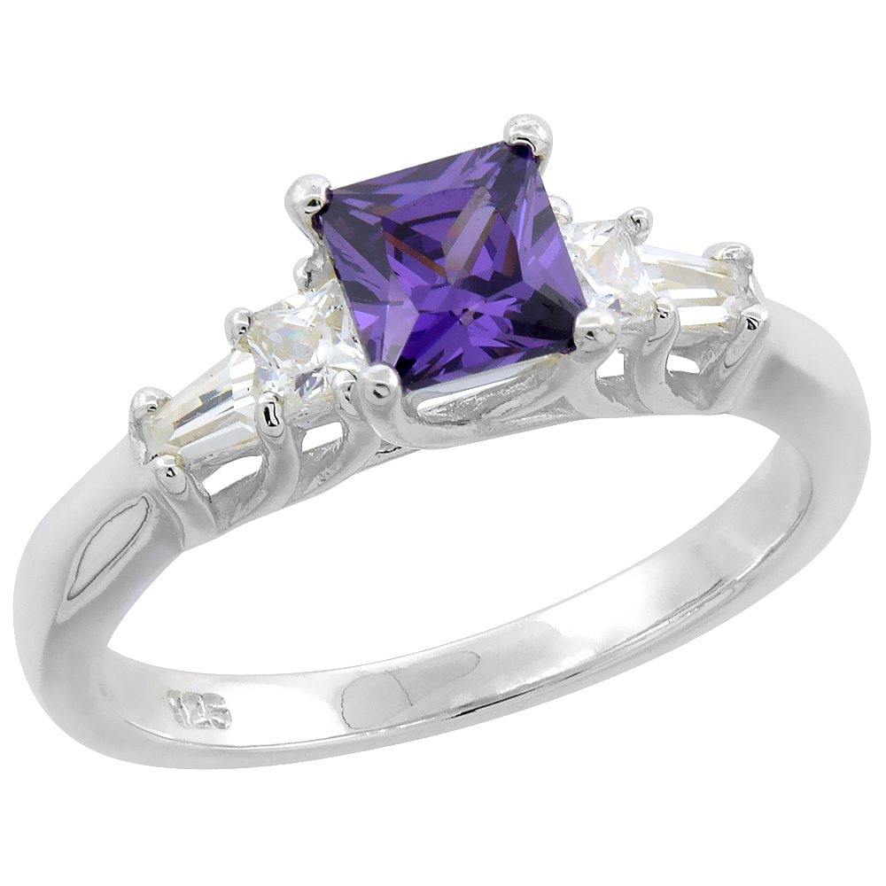 Sterling Silver Cubic Zirconia Princess Cut Amethyst Ring 3/16 inch wide, sizes 6 - 9