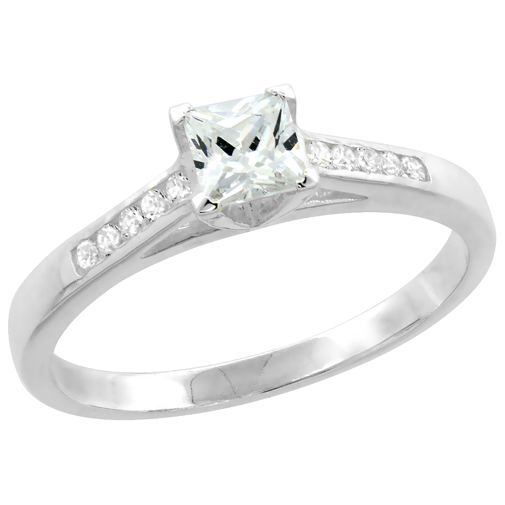 STERLING SILVER CUBIC ZIRCONIA PRINCESS CUT RING WOMEN 3/16 INCH WIDE FLAWLESS POLISHED FINISH SIZES 6 - 9