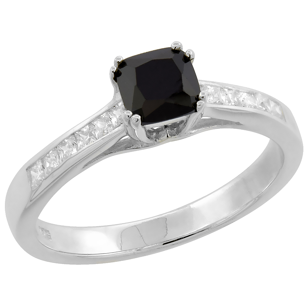 Sterling Silver Cubic Zirconia Black Cushion cut Ring 3/16 inch wide, sizes 6 - 9