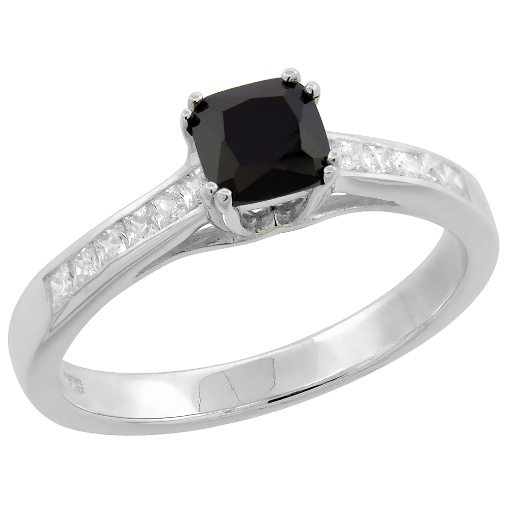 STERLING SILVER CUBIC ZIRCONIA BLACK CUSHION CUT RING WOMEN 3/16 INCH WIDE FLAWLESS POLISHED FINISH SIZES 6 - 9