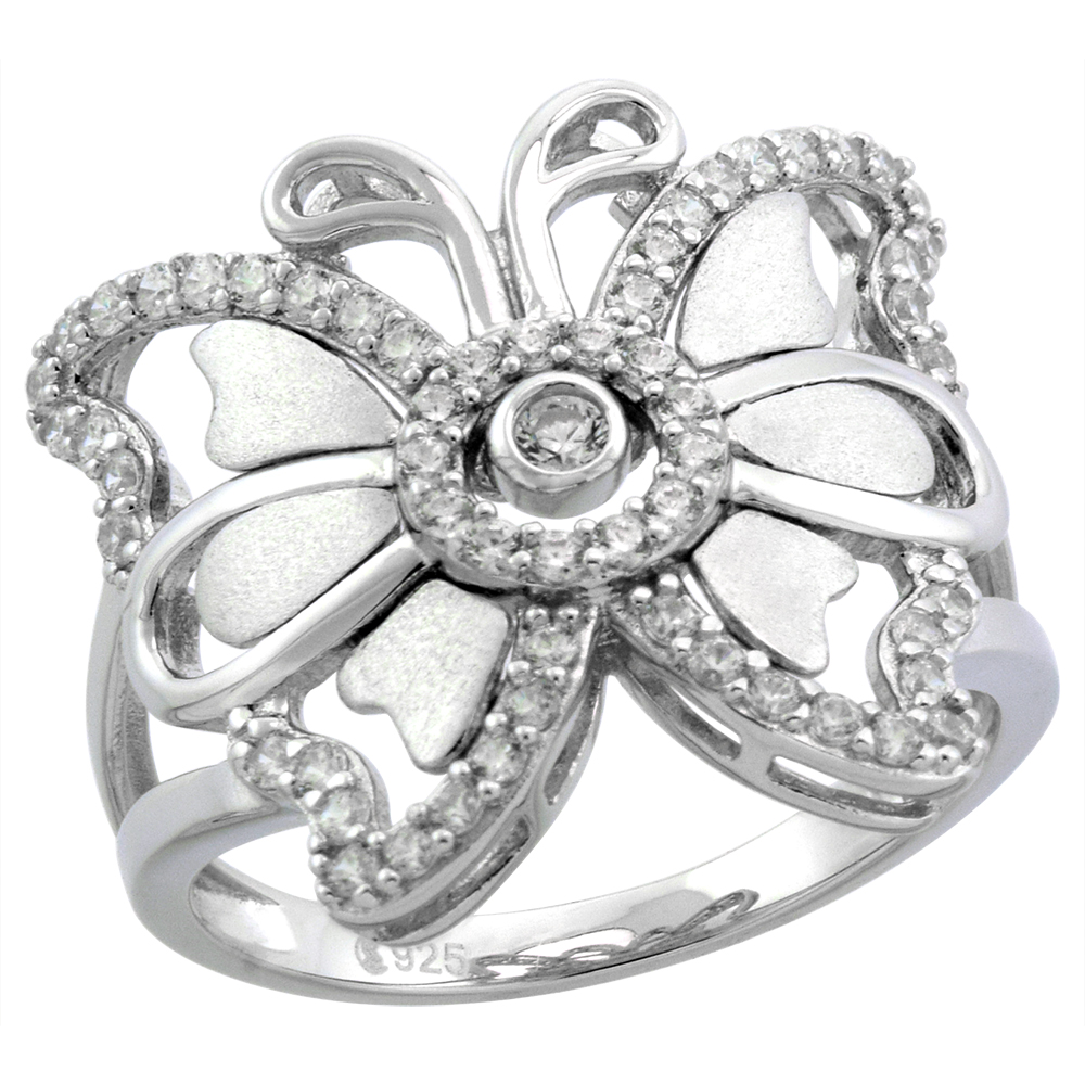 STERLING SILVER MICROPAVE CZ BUTTERFLY RING FOR WOMEN HEART SHAPE WINGS RHODIUM FINISH 3/4 INCH FLAWLESS POLISHED FINISH SIZE 6-9
