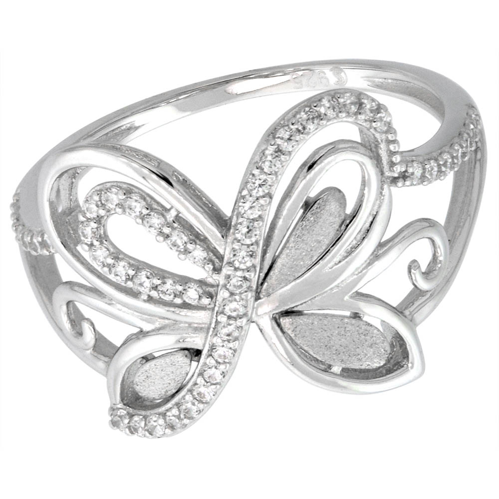 Sterling Silver Micropave CZ Butterfly Wings Ring for Women Brushed Rhodium Finish 1/2 inch size 6-9
