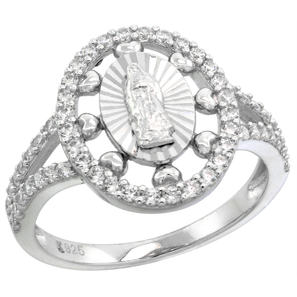 STERLING SILVER MICROPAVE CZ HALO GUADALUPE RING FOR WOMEN WITH HEARTS DIAMOND CUT HALO RHODIUM FINISH 5/8 INCH FLAWLESS POLISHED FINISH SIZE 6-9
