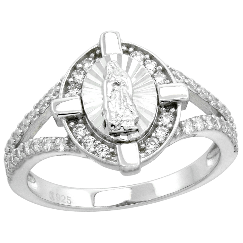 Sterling Silver Micropave CZ Guadalupe Ring in Cross Diamond Cut Halo Split Shank 1/2 inch size 6-9