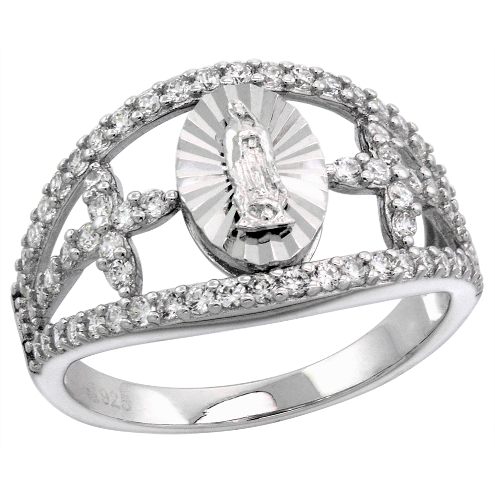 STERLING SILVER MICROPAVE CZ GUADALUPE RING FOR WOMEN CROSS SIDES SPLIT SHANK DIAMOND CUT HALO RHODIUM FINISH FLAWLESS POLISHED FINISH SIZE 6-9