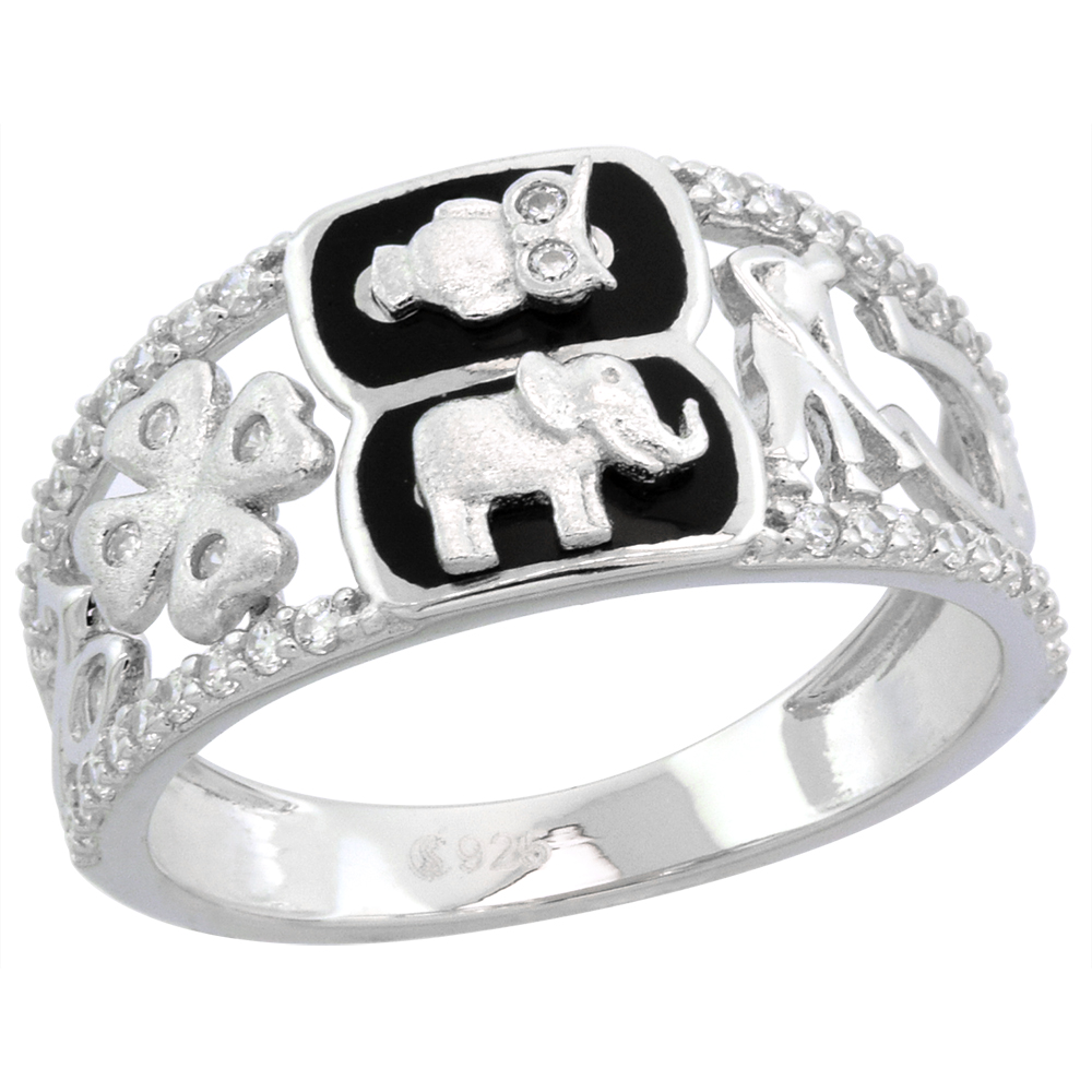 STERLING SILVER MICROPAVE CZ ONYX LUCKY CHARMS RING WOMEN ELEPHANT OWL CLOVER HORSESHOE EVIL EYE RHODIUM FINISH SIZE 6-9