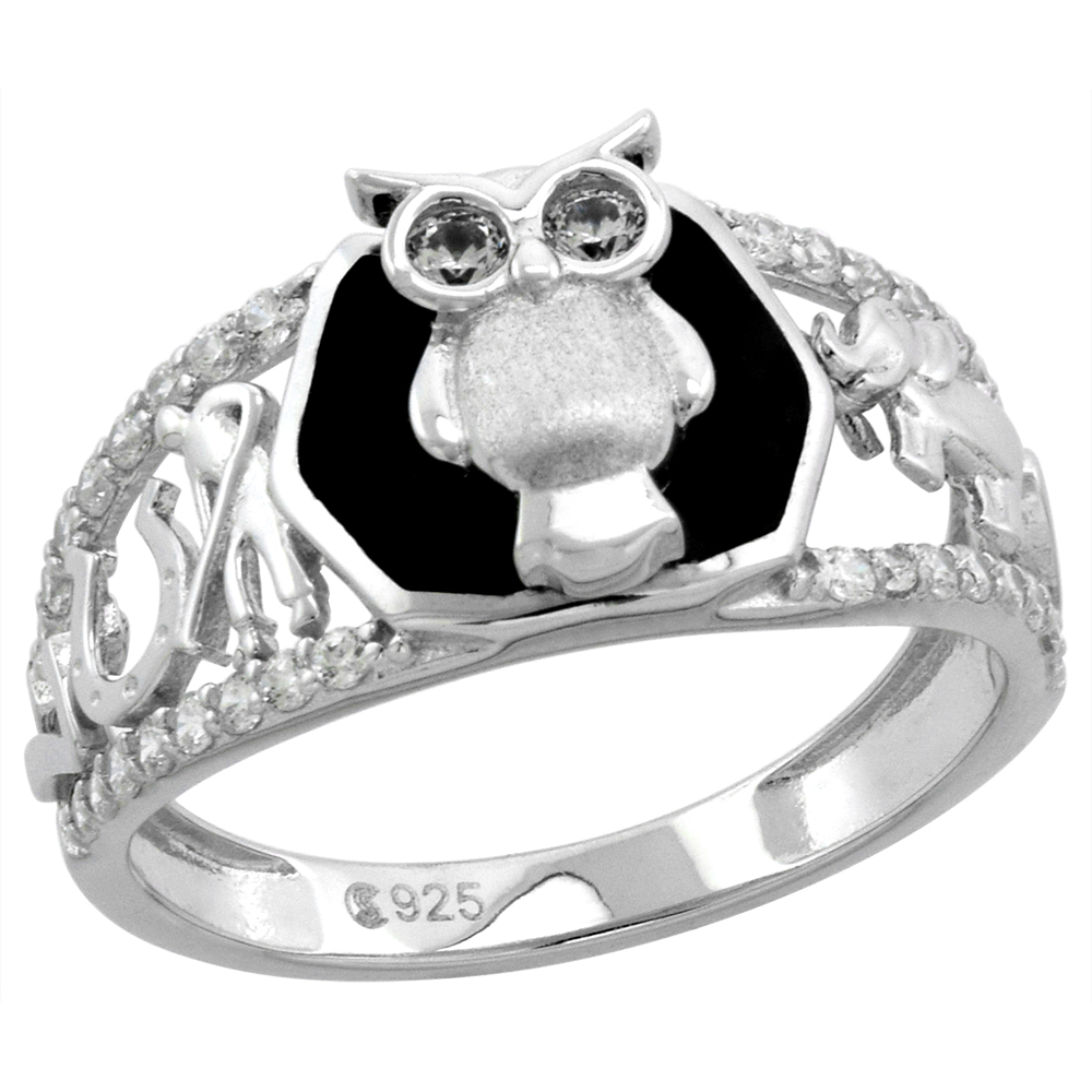STERLING SILVER MICROPAVE CZ ONYX LUCKY OWL RING EVIL EYE ELEPHANT NO. 7 CLOVER HEXAGON RHODIUM 3/8 INCH SIZE 6-9