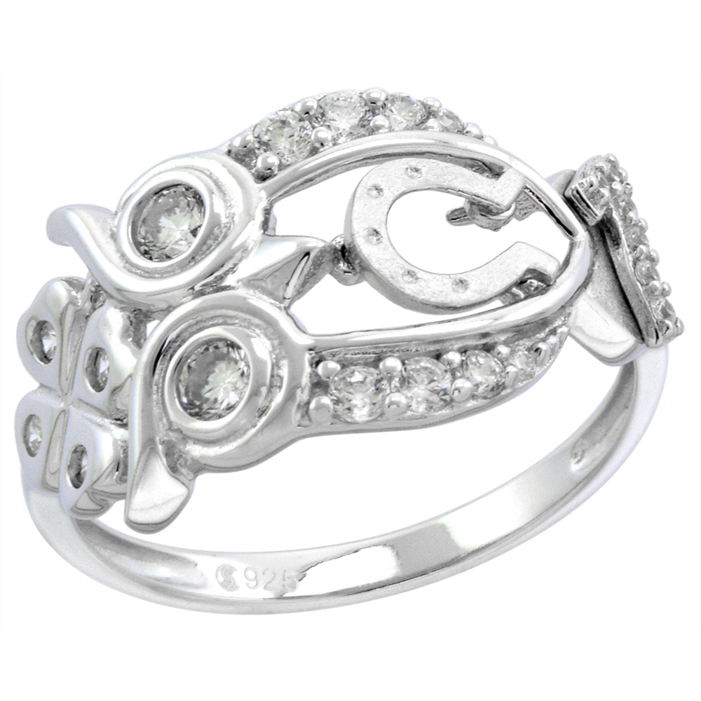 STERLING SILVER CUBIC ZIRCONIA OWL RING FOR WOMEN LUCKY CHARMS RHODIUM FINISH 7/16 INCH SIZE 6-9