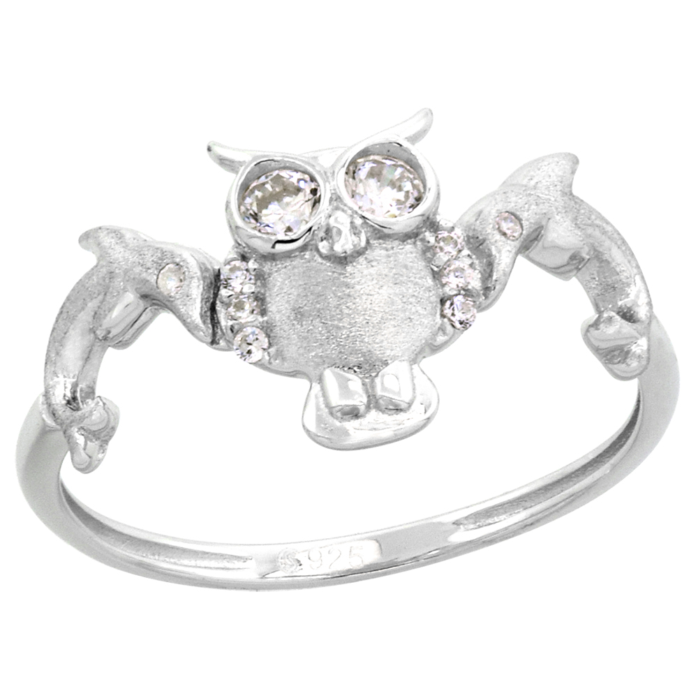 DAINTY STERLING SILVER MICROPAVE CZ OWL RING FOR WOMEN WITH DOLPHINS SATIN RHODIUM 3/8 INCH SIZE 6-9