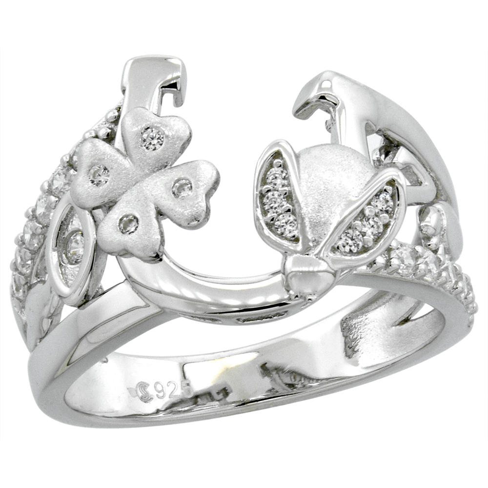 STERLING SILVER MICROPAVE CZ HORSESHOE RING FOR WOMEN WITH LADYBUG FOUR LEAF CLOVER EVIL EYE RHODIUM FINISH 1/2 INCH SIZE 6-9