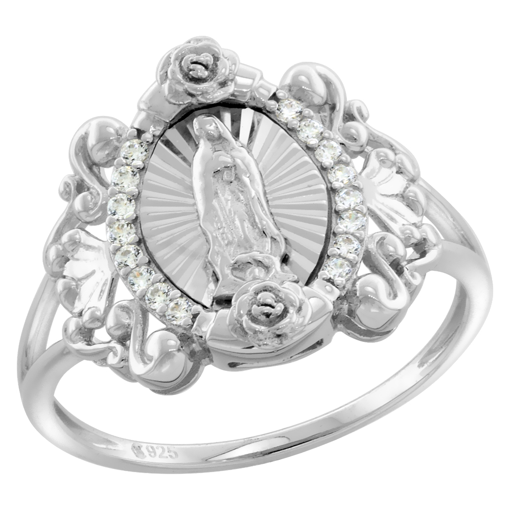 STERLING SILVER CZ S SCROLLS OUR LADY OF GUADALUPE RING FOR WOMEN DIAMOND CUT AUREOLA SPLIT SHANK RHODIUM FINISH 5/8 INCH WIDE SIZES 6 TO 9