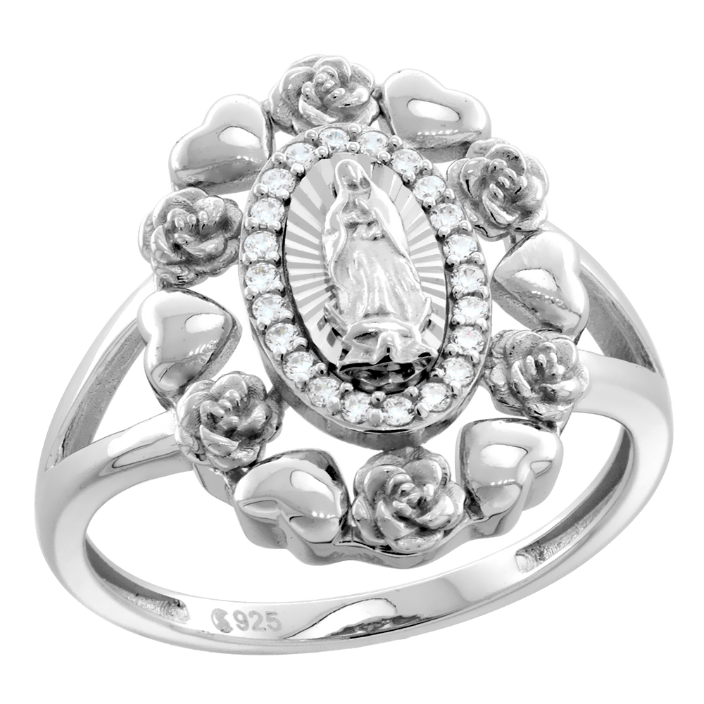 STERLING SILVER CZ ROSES & HEARTS BEZEL OUR LADY OF GUADALUPE RING FOR WOMEN DIAMOND CUT AUREOLA SPLIT SHANK RHODIUM FINISH 3/4 INCH WIDE SIZES 6 TO 9