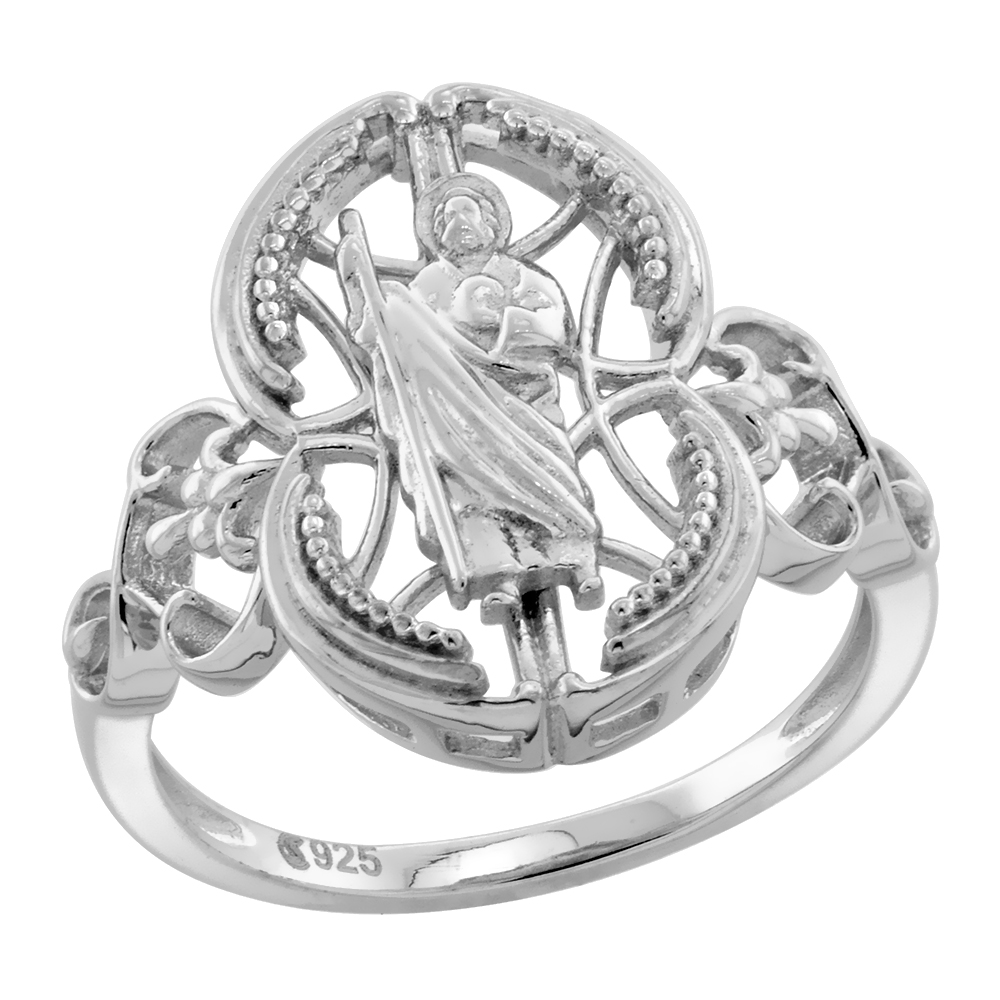 SMALL STERLING SILVER BEADED BEZEL ST JUDE RING FOR WOMEN HEART SCROLL SIDES RHODIUM FINISH 5/8 INCH WIDE SIZES 6 TO 9