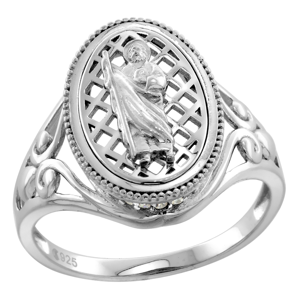 STERLING SILVER CZ GALLERY ST JUDE RING FOR WOMEN BEADED BEZEL CHECKERED BACK RHODIUM FINISH 3/4 INCH WIDE SIZES 6 TO 9