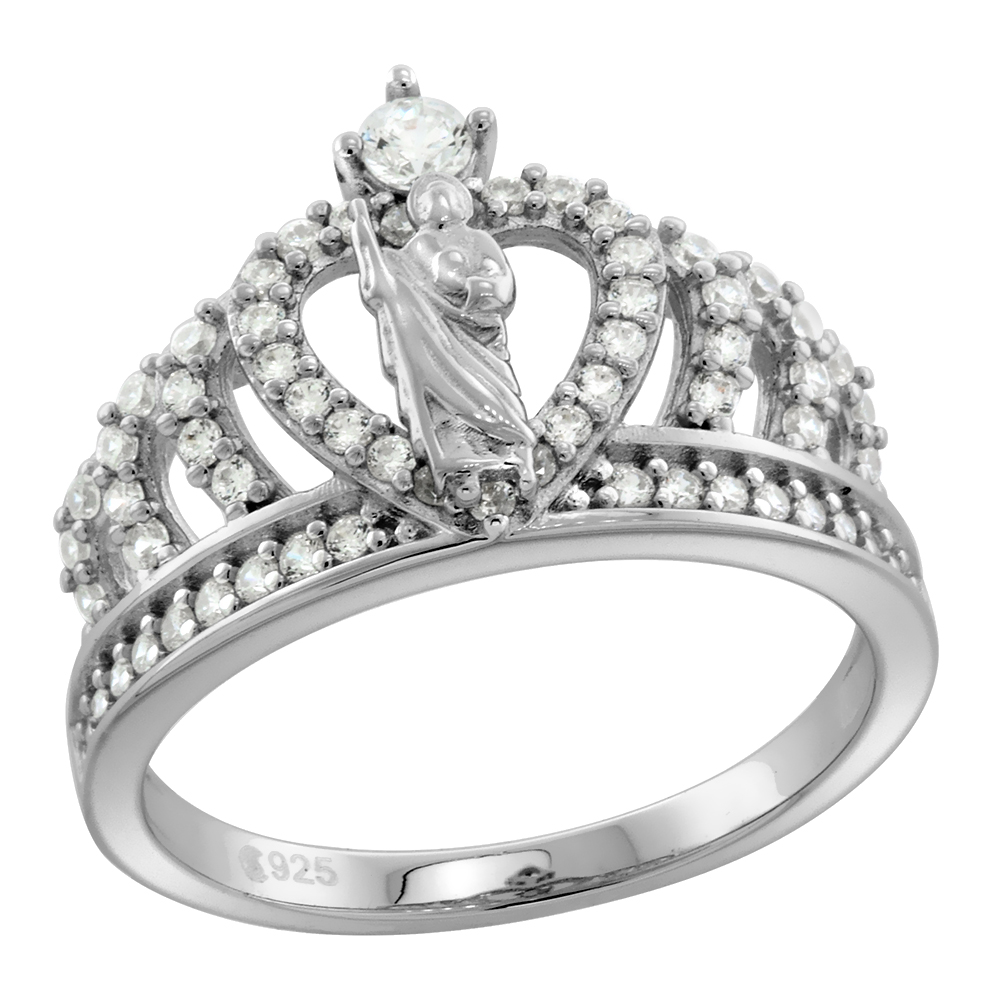 STERLING SILVER CZ ST JUDE HEART CROWN RING FOR WOMEN RHODIUM FINISH 1/2 INCH WIDE SIZES 6 TO 9