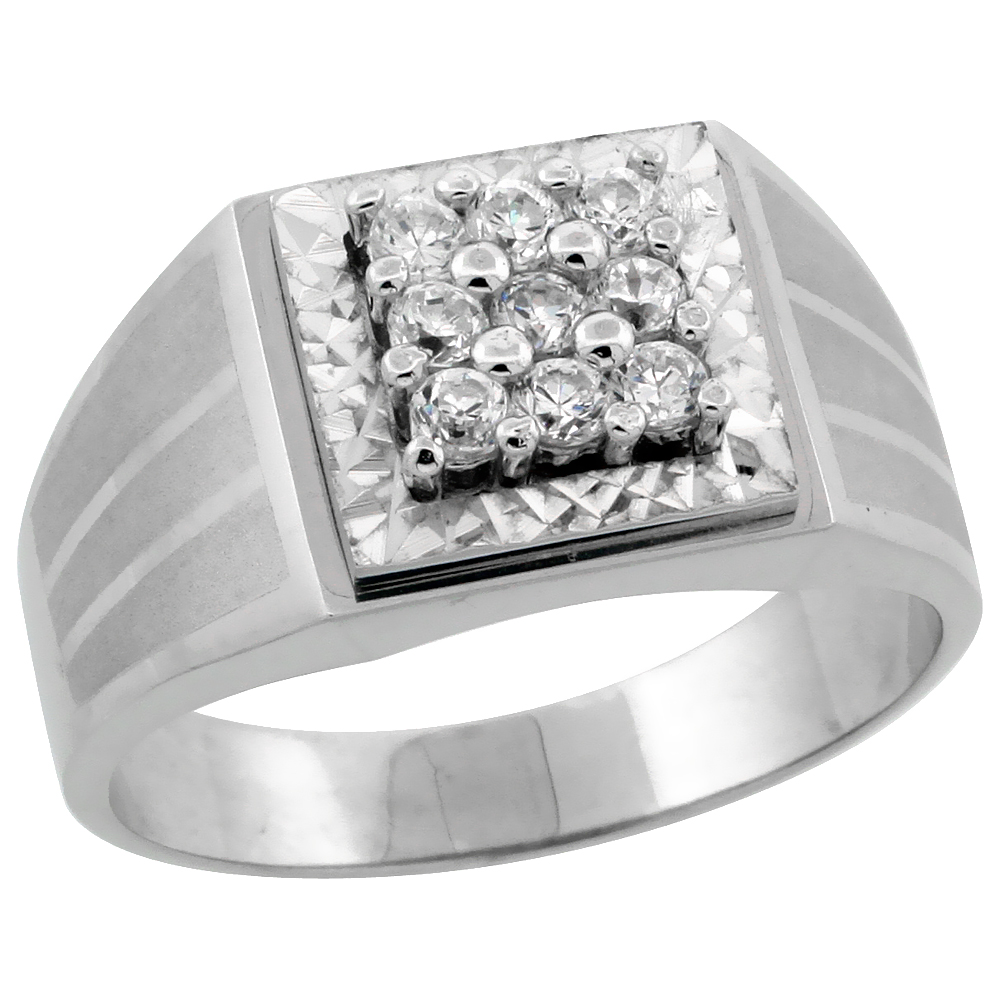 Mens Sterling Silver Cubic Zirconia 9-Stone Frosted Stripe Sides Square Ring Brilliant Cut 1/2 inch wide