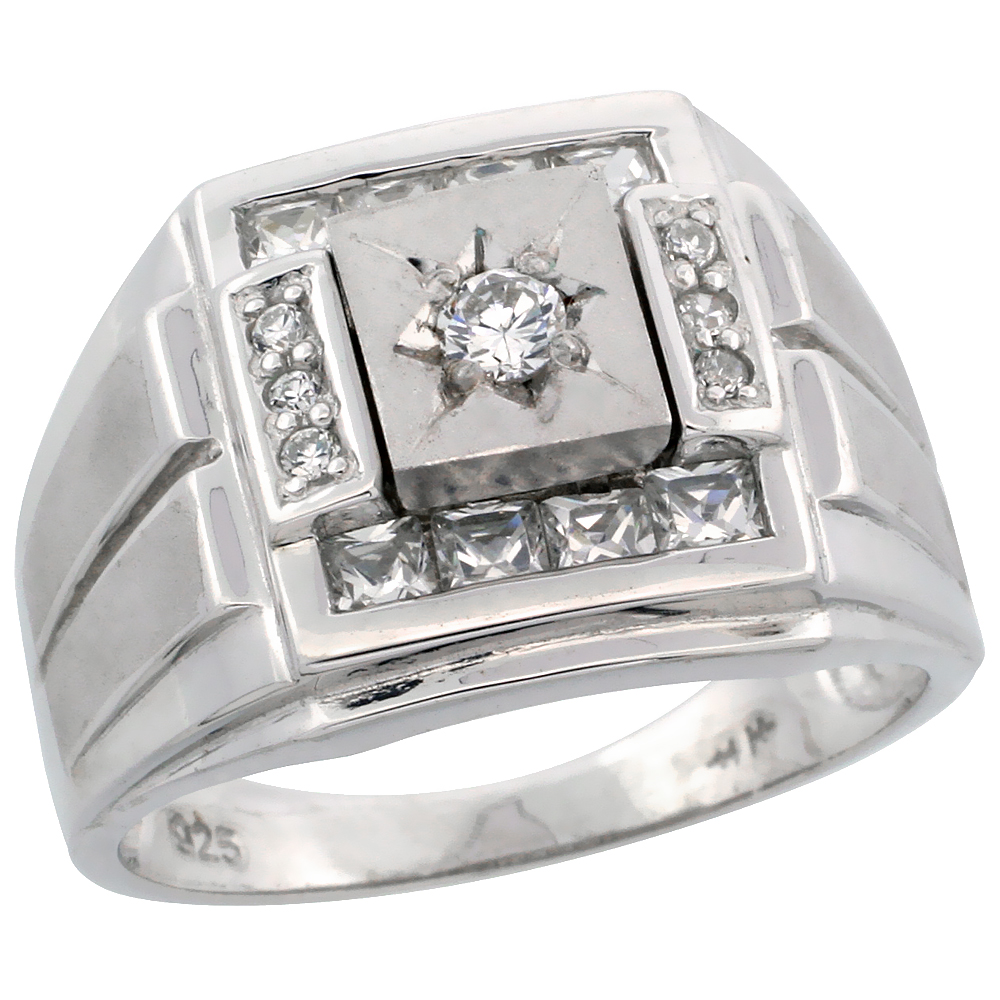Mens Sterling Silver Cubic Zirconia Frosted Stripe Sides Square Ring Princess &amp; Brilliant Cut 5/8 inch wide