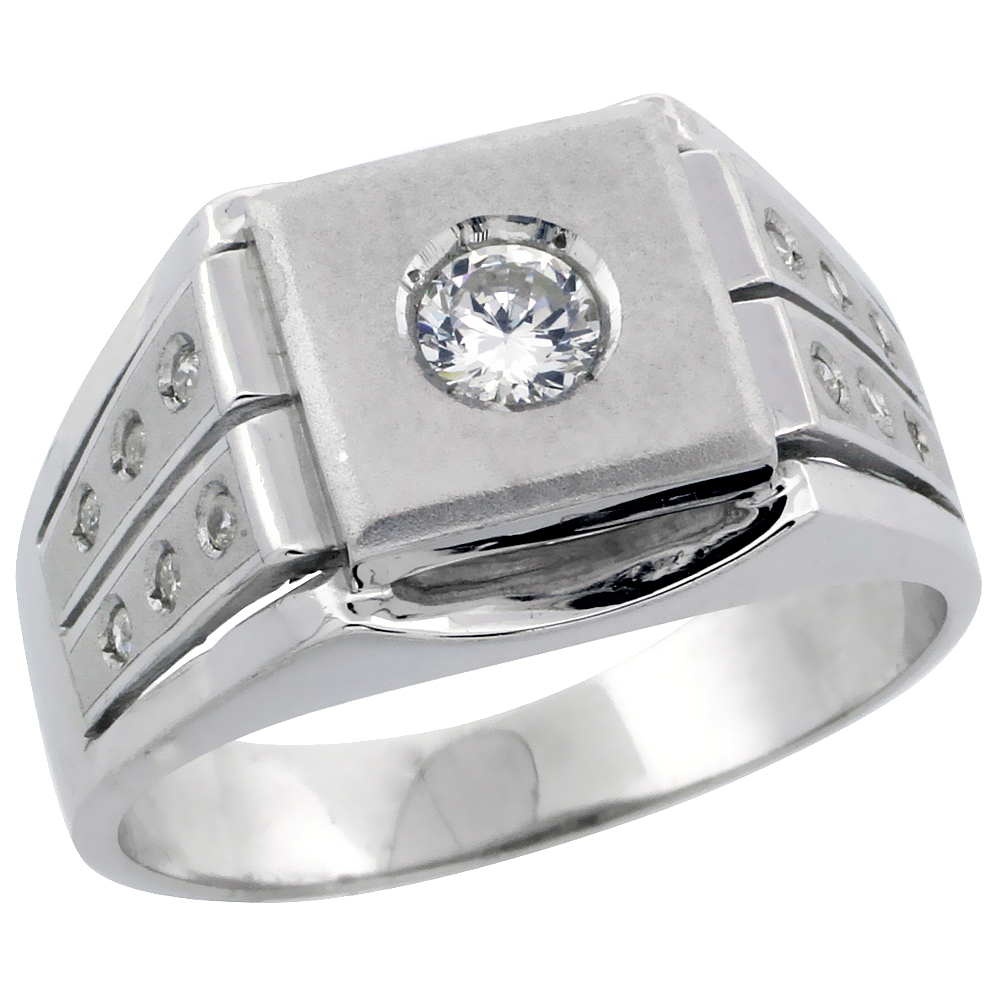 Mens Sterling Silver Cubic Zirconia Frosted Solitaire Square Ring Brilliant Cut 1/2 inch wide