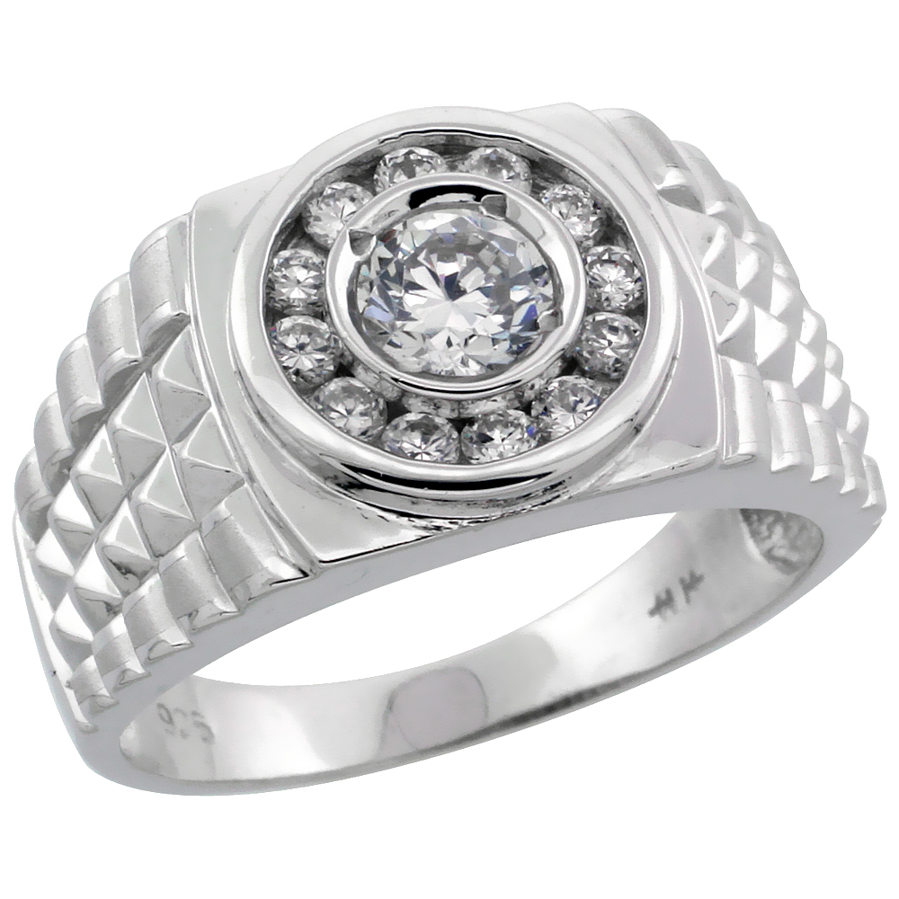 Mens Sterling Silver Rolex Style Cubic Zirconia Ring, 1/2 inch wide