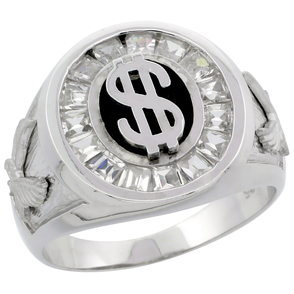 Mens Sterling Silver Cubic Zirconia Dollar Sign Oval Ring Brilliant Cut 3/4 inch wide