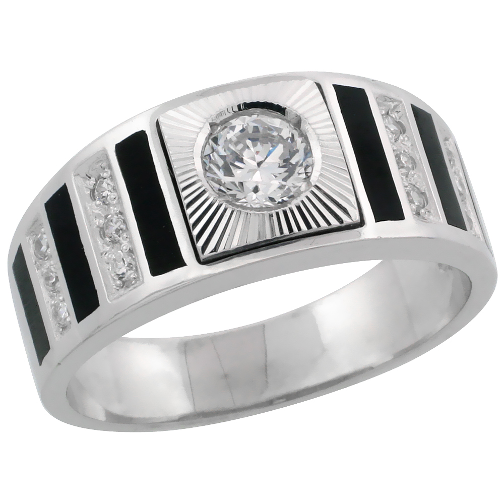 Mens Sterling Silver Cubic Zirconia Striped Solitaire Ring Band Brilliant Cut 3/8 inch wide