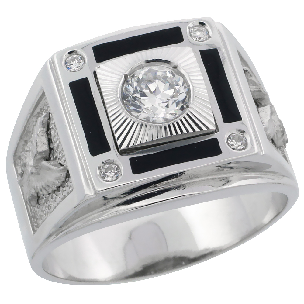 Mens Sterling Silver Cubic Zirconia American Eagle Solitaire Ring Brilliant Cut 5/8 inch wide