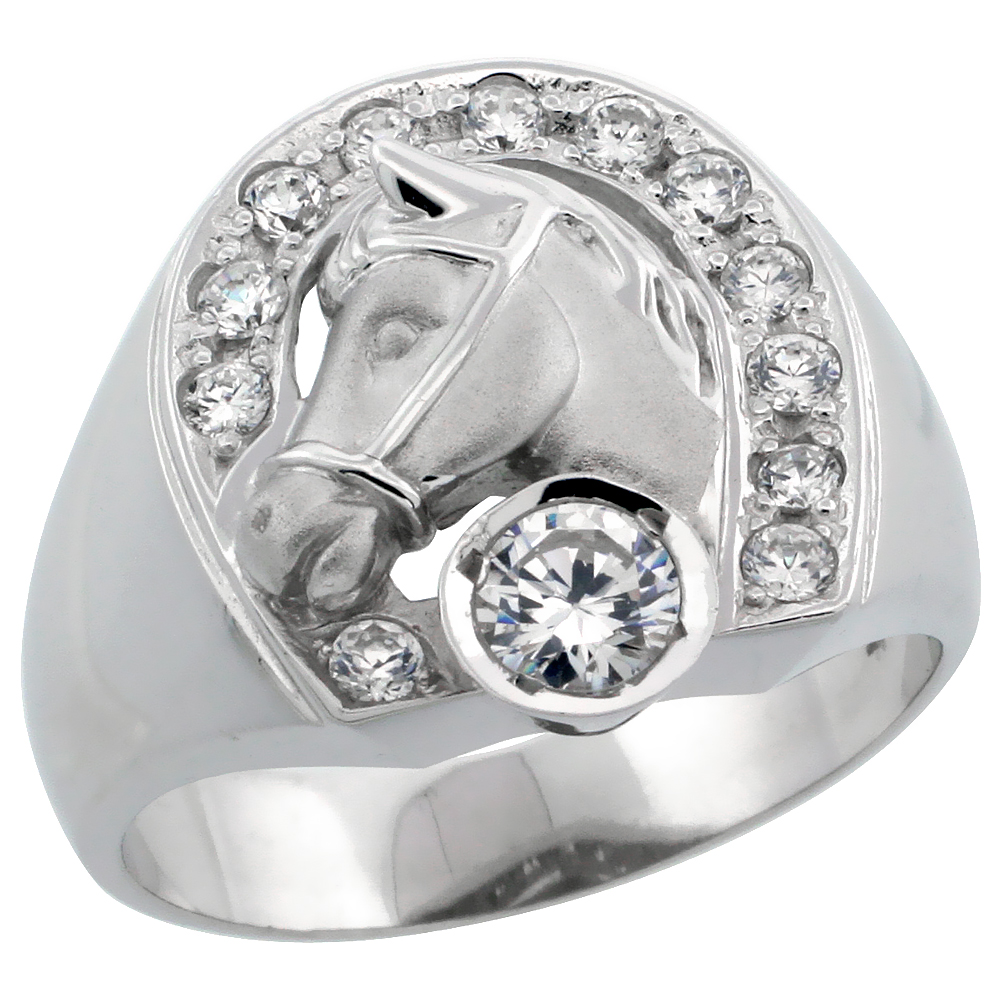 Mens Sterling Silver Cubic Zirconia Horseshoe & Head Ring Brilliant Cut 3/4 inch wide