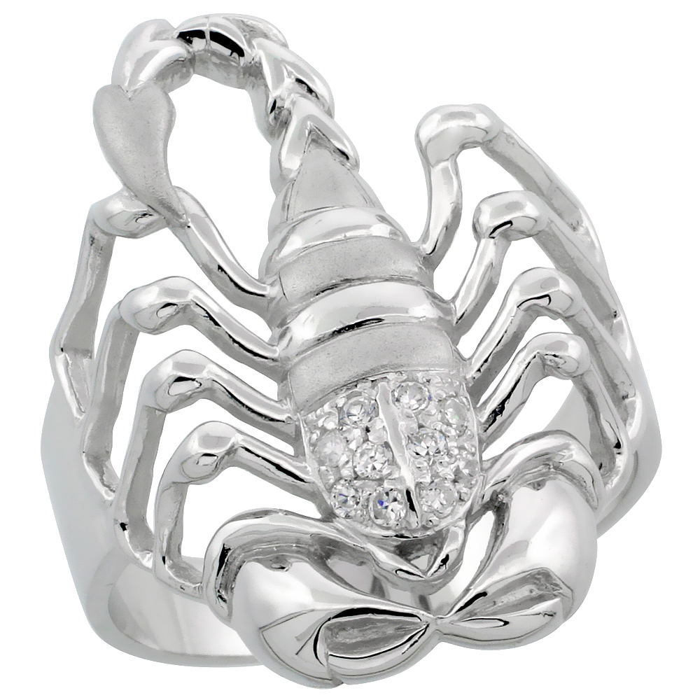 Mens Sterling Silver Cubic Zirconia Scorpion Ring Brilliant Cut 1-1/16 inch wide