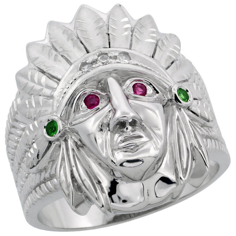 Mens Sterling Silver Cubic Zirconia Indian Chief Head Ring Brilliant Cut 1 inch wide