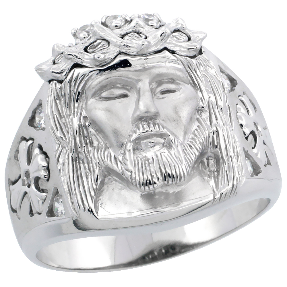 Mens Sterling Silver Cubic Zirconia Thorn-crowned Jesus Christ Ring Brilliant Cut 3/4 inch wide