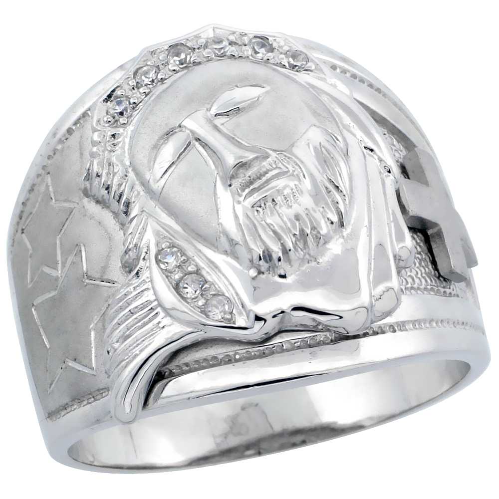 Mens Sterling Silver Cubic Zirconia Jesus Christ Ring Brilliant Cut 3/4 inch wide