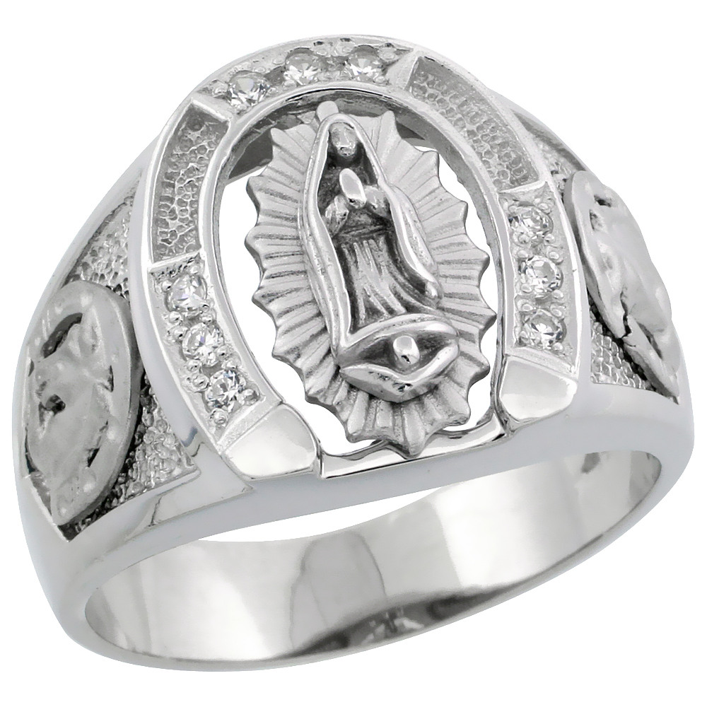 Mens Sterling Silver Cubic Zirconia Horseshoe Immaculate Heart of Mary Ring Brilliant Cut 5/8 inch wide