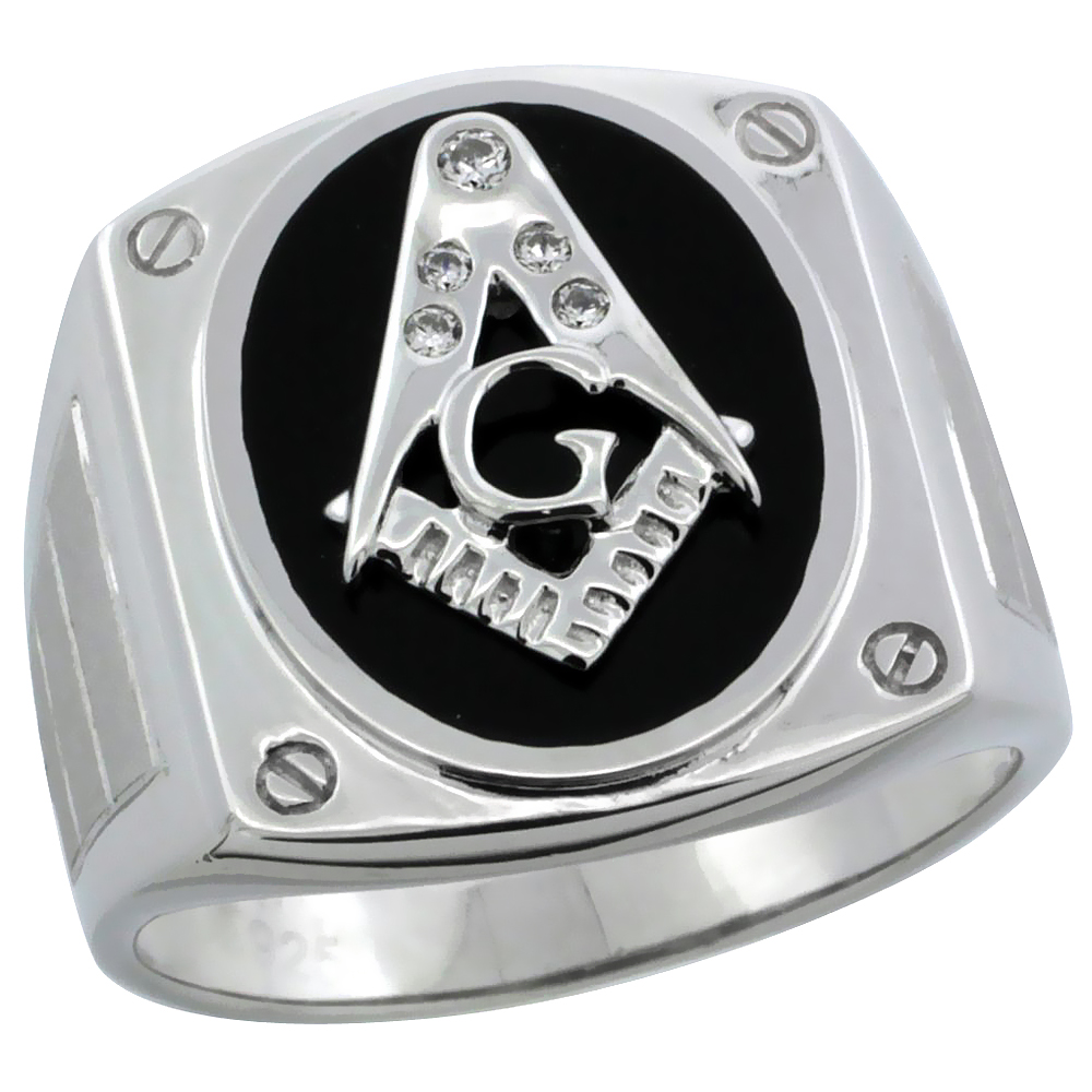 MENS STERLING SILVER SYNTHETIC BLACK ONYX MASONIC RING CZ STONES 3/4 INCH WIDE