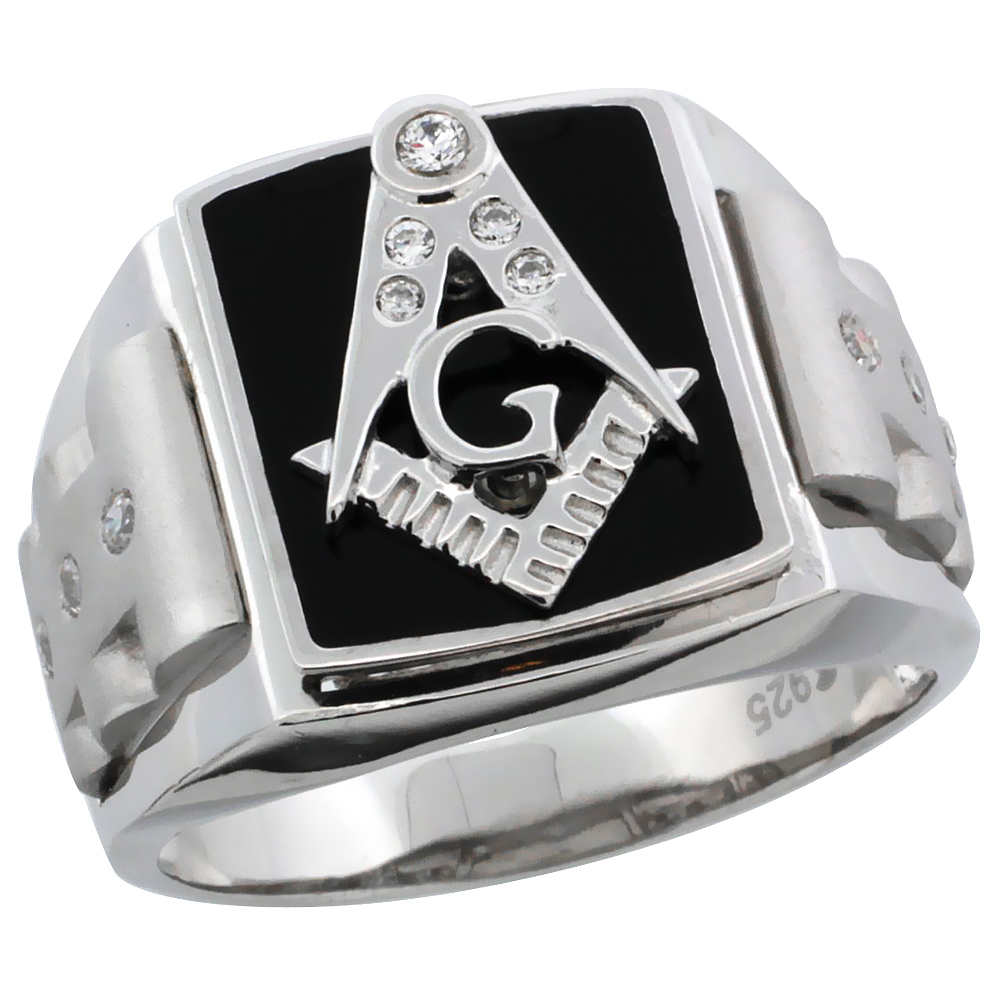 Mens Sterling Silver Black Enamel Masonic Ring CZ Stones & Frosted Sides, 5/8 inch wide