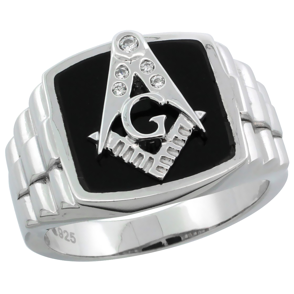 MENS STERLING SILVER SYNTHETIC BLACK ONYX MASONIC RING CZ STONES & ROLEX STYLE SIDES 19/32 INCH WIDE