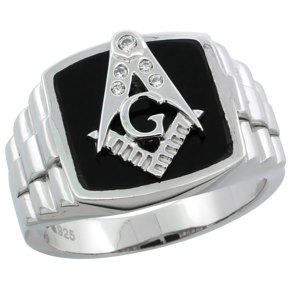 Mens Sterling Silver Black Onyx Masonic Ring CZ Stones & Rolex Style Sides, 19/32 inch wide