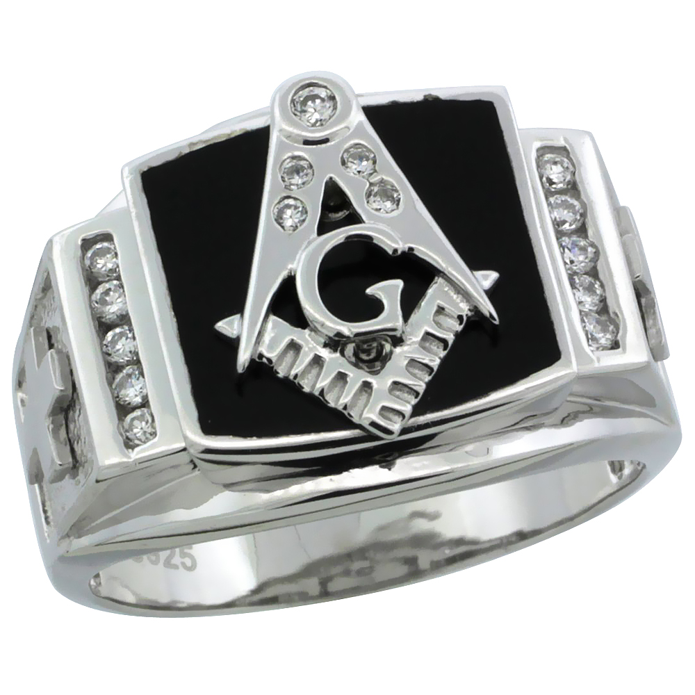 MENS STERLING SILVER SYNTHETIC BLACK ONYX MASONIC RING CZ STONES & FROSTED CROSSES ON SIDES 19/32 INCH WIDE
