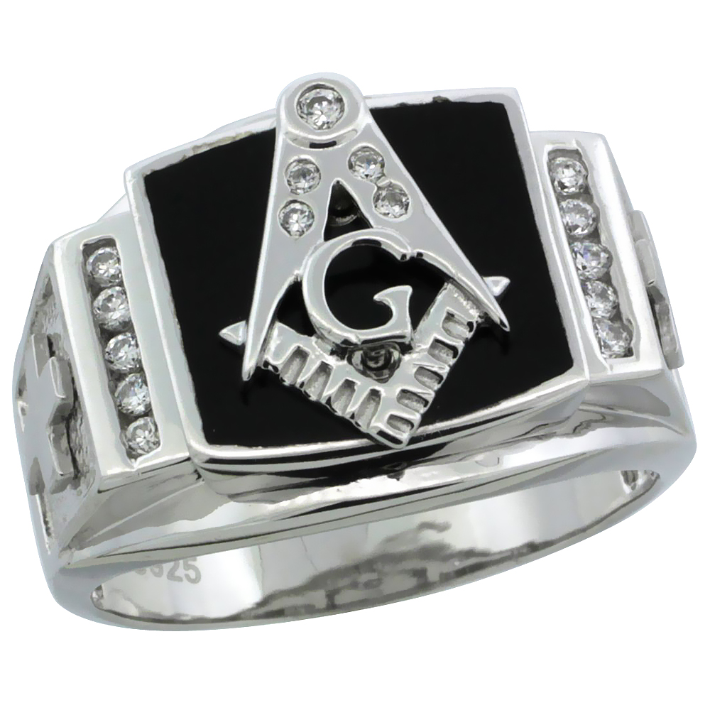 Mens Sterling Silver Black Onyx Masonic Ring CZ Stones & Frosted Crosses on Sides, 19/32 inch wide