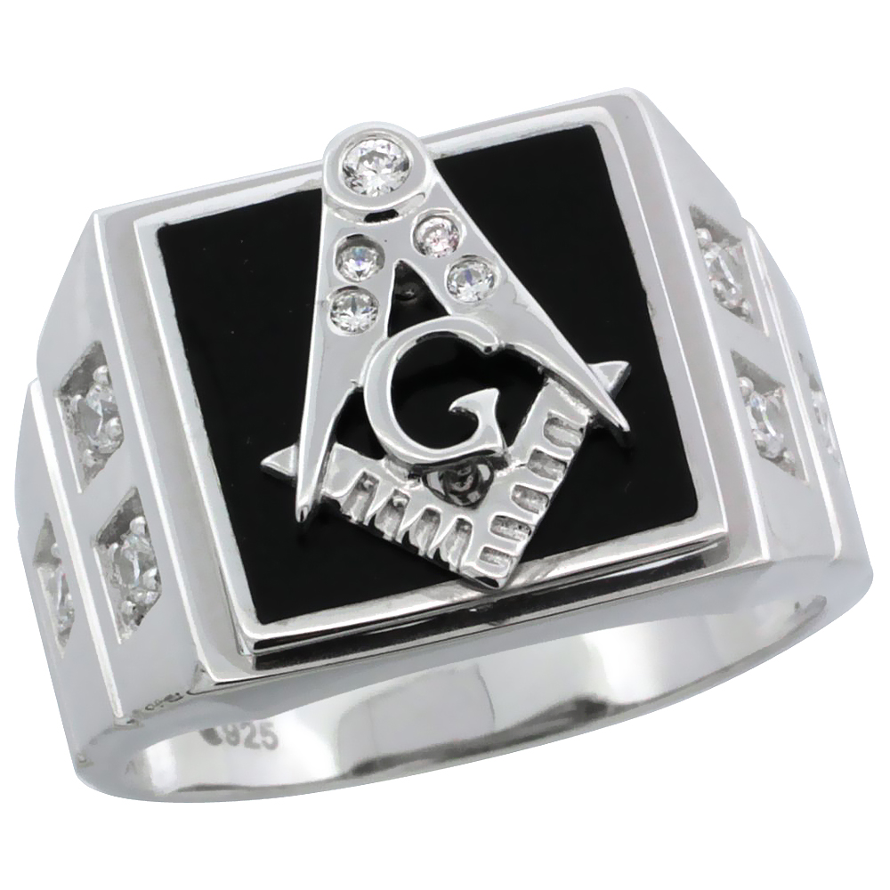MENS STERLING SILVER SYNTHETIC BLACK ONYX MASONIC RING CZ STONES & SQUARE ACCENTS 19/32 INCH WIDE