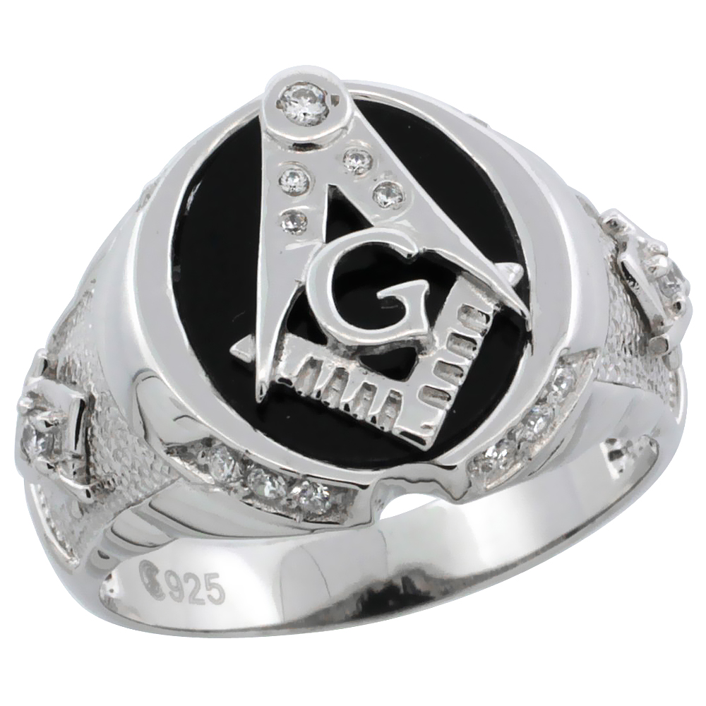 MENS STERLING SILVER SYNTHETIC BLACK ONYX MASONIC RING CZ STONES & TEXTURED SIDES 5/8 INCH WIDE