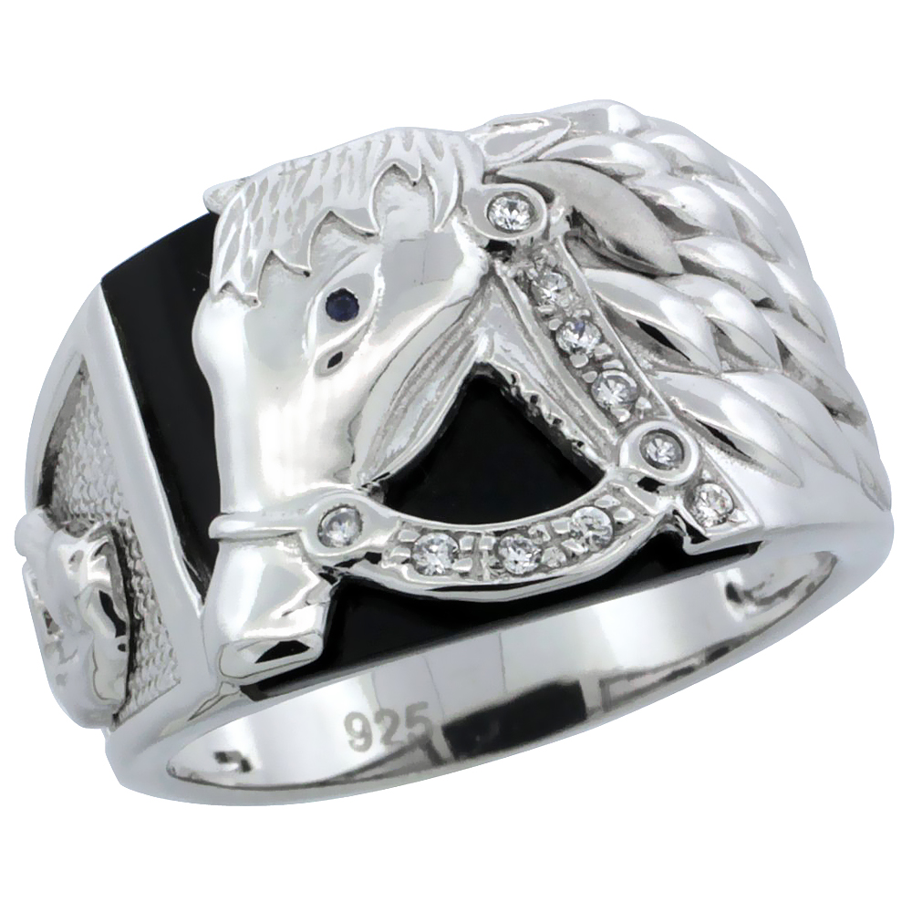 MENS STERLING SILVER CUBIC ZIRCONIA SYNTHETIC BLACK ONYX HORSE RING 1/2 INCH WIDE
