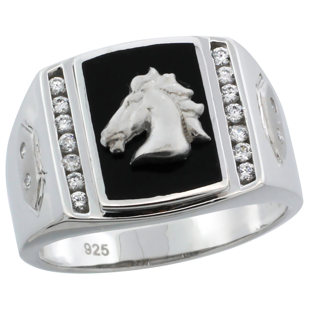 MENS STERLING SILVER SYNTHETIC BLACK ONYX HORSE RING CZ STONES & HEXAGON ACCENTS 19/32 INCH WIDE